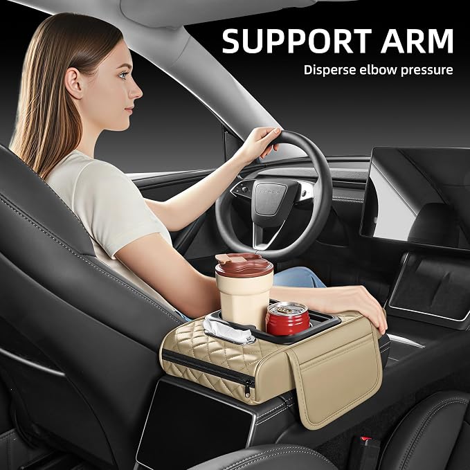 5 in 1 Nappa Leather Console Armrest Cover, Beige | Built-in cup holder, tissue slot, phone holder & 2 storage pockets, practical car accessories fit SUV sedan truck - Image 4