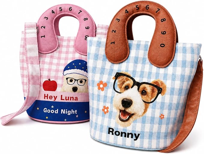 Personalized Pet Portrait Canvas Handbag Custom Dog Cat Mom Gift with Name | Plaid Bucket Bag with Number Handle & Crossbody Strap, Unique Gift for Pet Lovers by CRAFFBASE