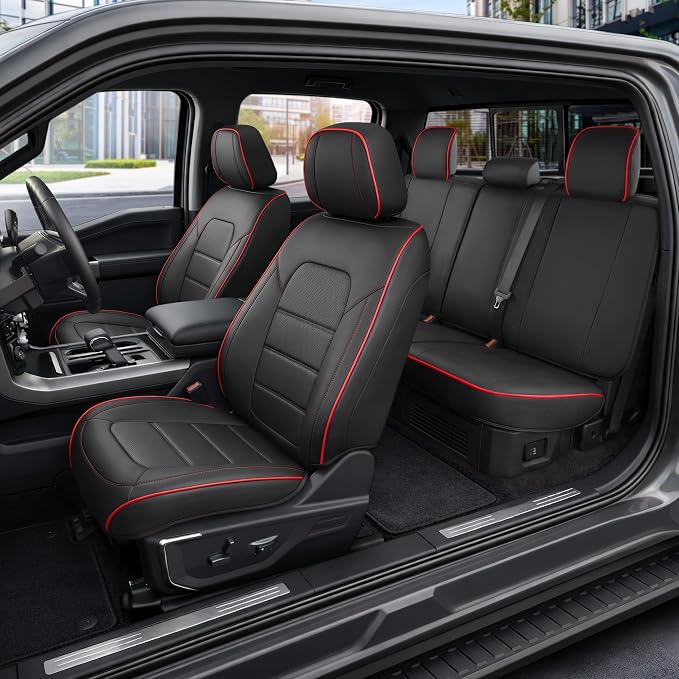 MotorBox Cabin King Crimson Trail Leather Seat Covers for Trucks & Cars | Black and Red Full Set Car Seat Covers, Waterproof Leather Seat Covers, Car Accessories, Seat Protector, Universal Fit by Motorbox