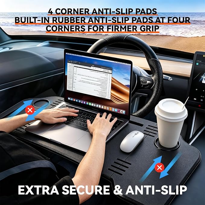Foldable Car Table,Steering Wheel Desk for Laptop/Meal Tray Travel, 2-in-1 | Portable/Reinforced,Fit for Most Vehicles,Work Surface 30.31" x 14.96",Drink Holder & Phone Slot Included,Installs in Seconds - Image 6