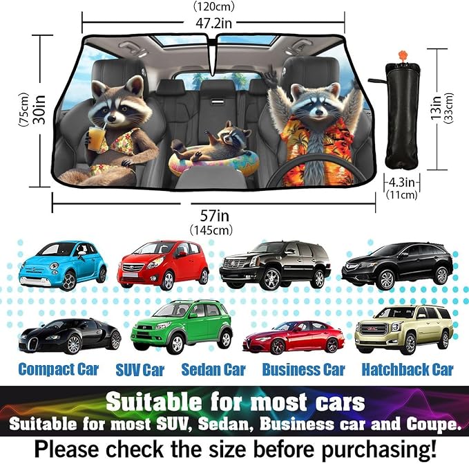 Socira Funny Raccoon Car Windshield Sunshade Umbrella Foldable Visor | Umbrella Sun Shade Cover Racoon Sunshade Front Window Cover Raccoon Car Accessories Blocks Uv Rays (57" X 30") - Image 3