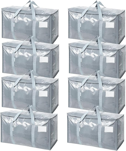 TICONN 8 Pack Extra Large Moving Bags Heavy Duty with Zippers & Carrying Handles, Durable Storage Bags Moving Boxes for Closet Organizers and Storage (8 Pack, Light Grey) by TICONN