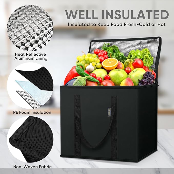 BALEINE 2Pk Insulated Reusable Grocery Bags, Collapsible Cooler Bag for Groceries, Heavy Duty Large Insulated Bag (16''x9''x13'', Charcoal Black) (Pack of 10) - Image 2