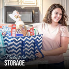 Extra Large Utility Tote Bag, Oversized Collapsible Reusable Wire Frame Rectangular Canvas Basket With Two Exterior Pockets For Beach, Pool, Laundry, Car Trunk, Storage - Chevron Navy - Image 2