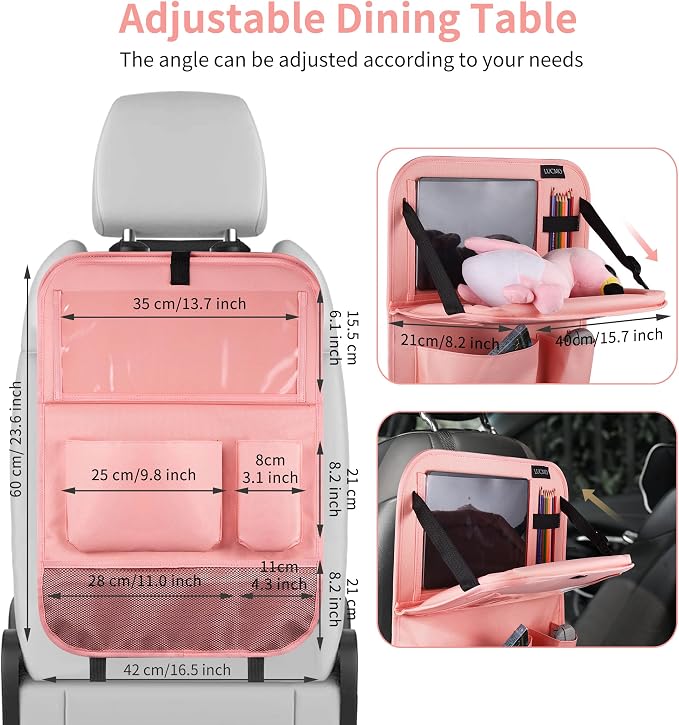 LUCMO Car Backseat Organizer with Foldable Tablet Holder, Pink | 2 Pcs,6 Storage Pockets,Foldable Food Tray,Protectors Kick Mats,Travel Accessories,Seat Cover,Road Trip Essentials - Image 3