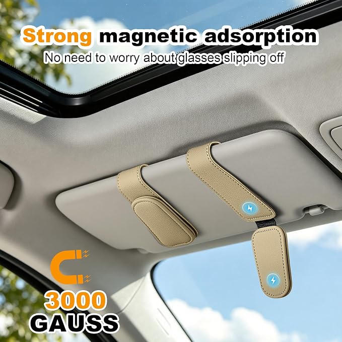 Sunglass Holder for Car Visor Magnetic Leather Visor Sunglasses Clip Eyeglass Hanger Clip for Car Sun Visor Beige 1 Pack - Image 2