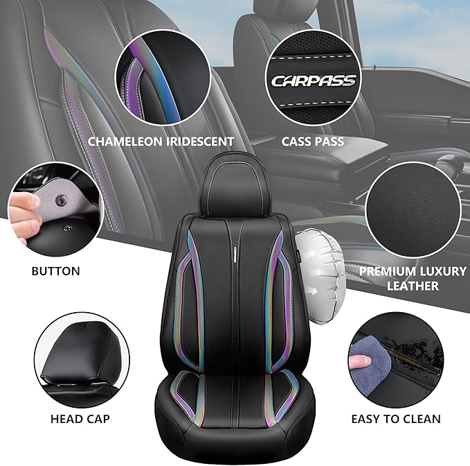 CAR PASS Nappa Leather Seat Covers Front Seats Only, Waterproof Faux Leather car Seat Cover 2 Piece Cushions Protector Universal Fit for SUV Truck Automotive Vehicle, Chameleon Iridescent Reflective - Image 2