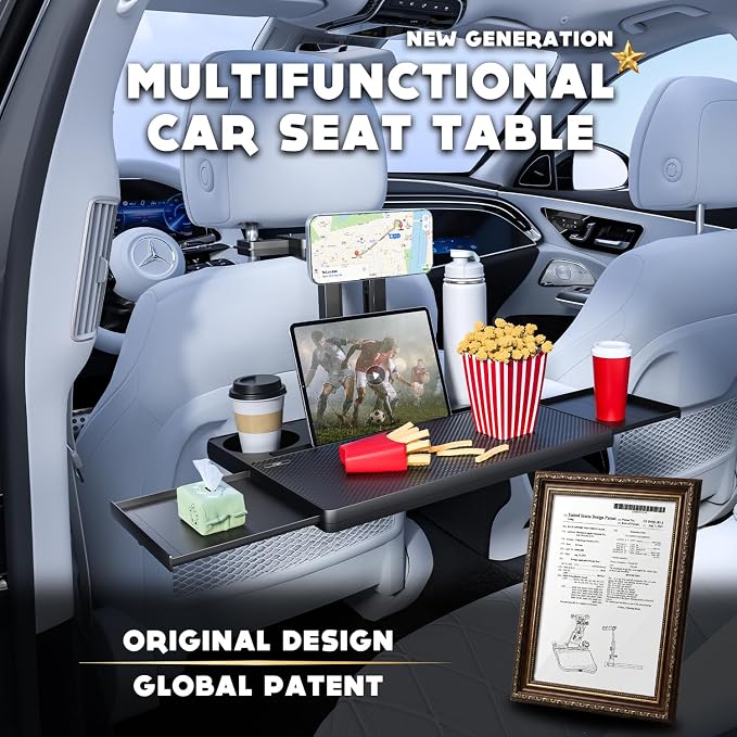Car Back Seat Tray Table, Stable Foldable Auto Backseat Food Trays Desk for Rear Passenger Road Trip Eating & Work, Multifunctional Adjustable Travel Tray with Phone Drink Holder for Laptop iPad - Image 3