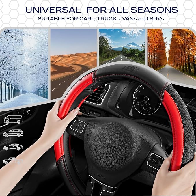 Skechers Air-Cooled Steering Wheel Cover, Leather Car Steering Wheel Cover Universal Fit 14" 1/2-15" Car Wheel Protector for Men Women Fit Suvs,Vans,Sedans,Car,Trucks,Red - Image 7