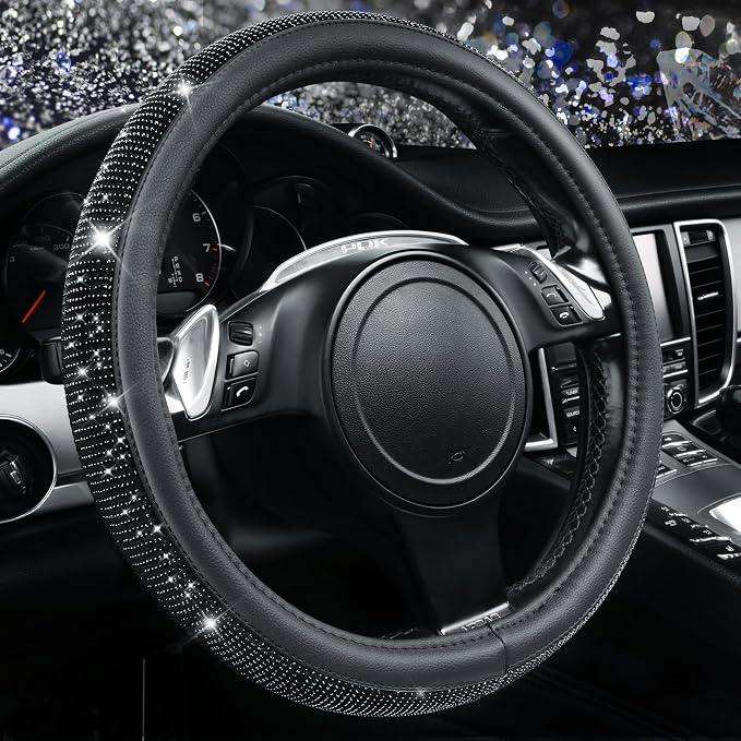 CAR PASS Bling Diamond Leather Steering Wheel Cover, With Sparkly Crystal Glitter Rhinestones Universal Fit 14"1/2-15" Car Wheel Protector for Women Girl Fit Suvs,Vans,Sedans,Car,Trucks, Black Diamond by CARPASS