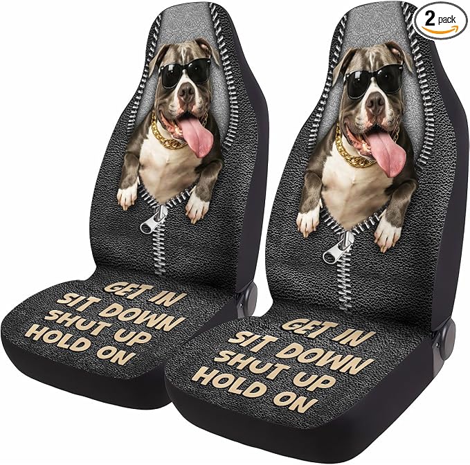 GENANY Funny Pitbull Car Seat Covers, 2-Piece Front Seat Set | 2-piece polyester front seat cover set, each 35 x 21 x 21 inches, with adjustable straps and hooks by GENANY