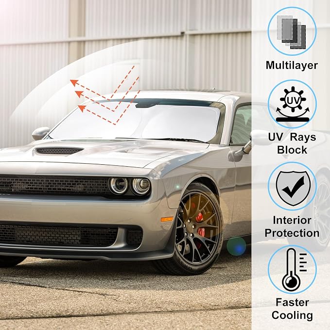 Windshield Sun Shade for 2015-2025 Dodge Challenger Accessories | Full covered for windshield, Foldable & Durable, Block UV Rays, Reduce Heat, Easy to install, Keep Car Cooler - Image 2