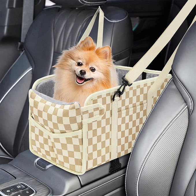Console Dog Car Seat for Small Dogs, Foldable Booster Seat, Khaki Checkered | Portable Booster Seat Sits On Car Console/ Armrest. Foldable for Easy Storage. for Center Console, Easy To Clean. by NECKORY