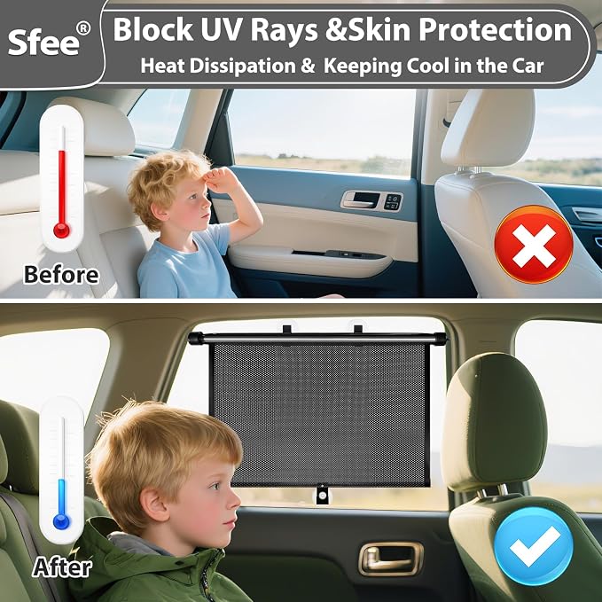Sfee Car Window Shades for Baby-2 Pack Retractable Side Window Car Sun Shade Blocks UV Rays & Heat for Sun Protection Roller Sunshade Visor Window Shade for Kids,Passengers,Pets (20''x22'') - Image 4
