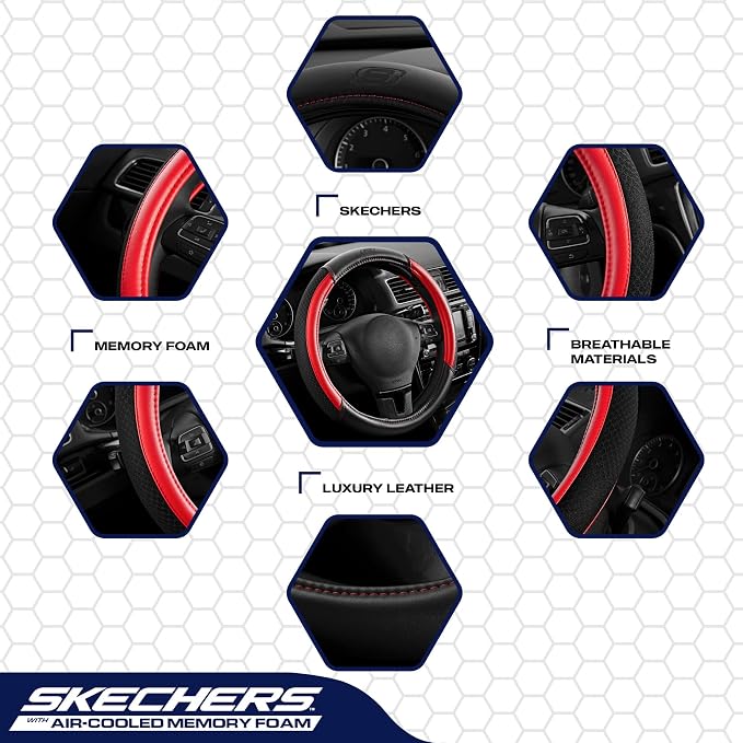 Skechers Air-Cooled Steering Wheel Cover, Leather Car Steering Wheel Cover Universal Fit 14" 1/2-15" Car Wheel Protector for Men Women Fit Suvs,Vans,Sedans,Car,Trucks,Red - Image 3