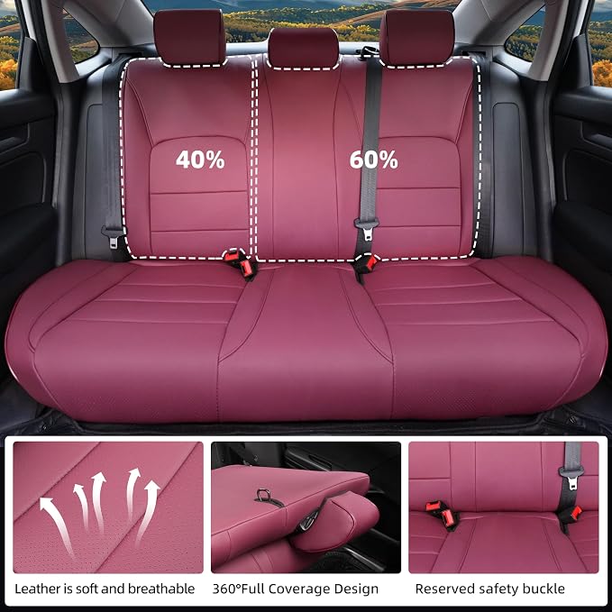 Lolcar Custom Fit Civic Seat Cover Full Set for Honda Civic 4 Door Sedan-Only (2022 2023 2024 EX)&(2025-2026 Sport),5-Seats Full Set,Leather Seat Protector (Burgundy) - Image 3