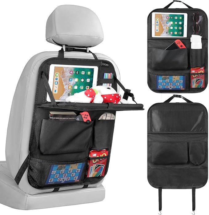 LUCMO Car Backseat Organizer with Foldable Tablet Holder, Black | 6 Storage Pockets,Foldable Food Tray,Protectors Kick Mats,Travel Accessories,Seat Cover,Road Trip Essentials by LUCMO