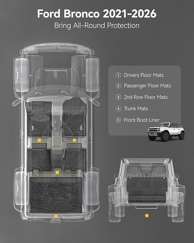 3W Floor Mats & Cargo Liner & Back Seat Cover for 2021-2026 Bronco 4 Door | All Weather Custom Fit Ford Bronco Accessories (Not for Sport & Rubberized Floor) - Image 2