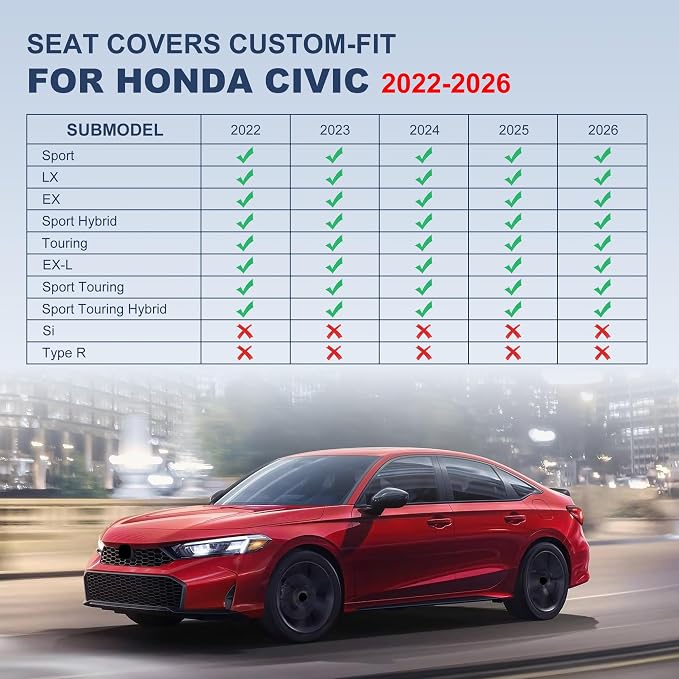 IKABEVEM Custom for Honda Civic 2022-2026 Seat Covers 11th Gen Full Set Luxury Faux Leather Car Seat Protector Interior Accessories(Black) - Image 2