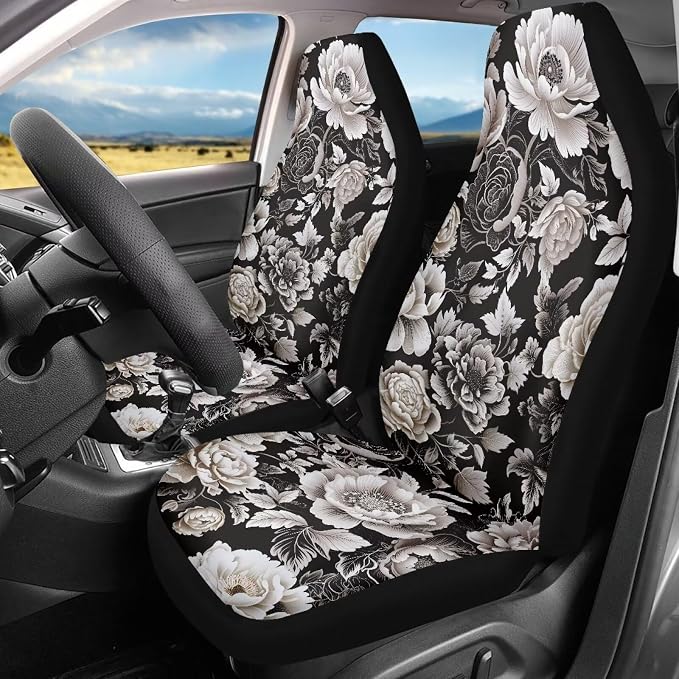 Black White Flower Universal Front Seat Covers, Pack of Two Easy to Install Fit for Trucks Vans SUV Sedans Automotive Comfortable - Image 2