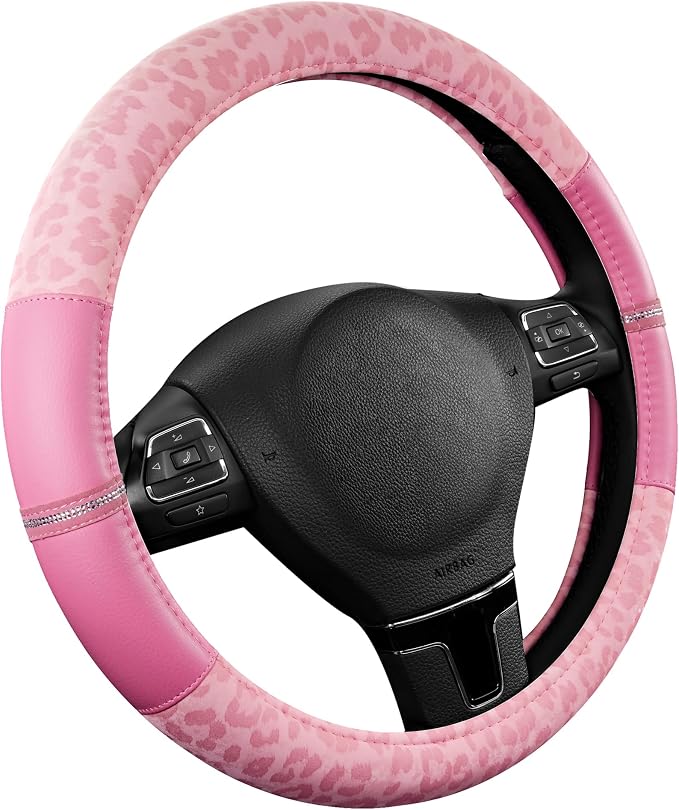 Road Comforts Leopard Steering Wheel Cover for Women, Cute Anti-Slip Microfiber Leather, Universal Fit 14.5-15 Inch Round Steering Wheel - Full Pink - Image 2