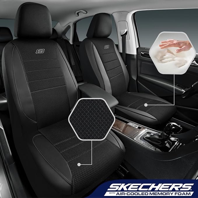 Skechers Air-Cooled Memory Foam Seat Covers,Mesh Thick Car Seat Covers,Piping Leather Car Seat Cover,Airbag Compatible,Automotive Comfort for Most Cars, Vans, Trucks, SUV(Black, Full Set) - Image 2