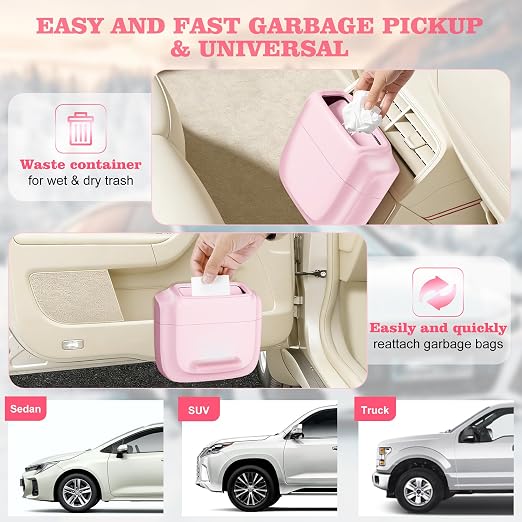 2 Pack Car Trash Can with Lid, Built-in Storage Garbage Bag, Pink | Leakproof Car Door Trash Can with Hook, for women, 60pcs Trash Bags, Mini Automotive Garbage Bin for Vehicle, Office, Home - Image 8