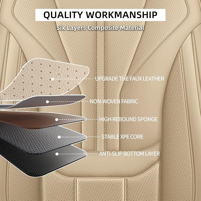 HChengkikz Car Seat Covers Full Set, Full-Wrap Faux Leather (Beige) | Universal Fit for SUV Truck Pickup Sedan, Waterproof with Memory Foam Lumbar Support, Airbag Compatible - Image 7