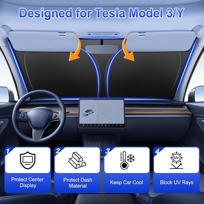 SINGARO Car Windshield Sun Shade, Foldable Reflective Sun Shade for Car Windshield, Compatible with Tesla Model Y Model 3 2016~2025 - Image 2