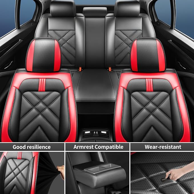 Rio Car Seat Covers Custom Fit for KIA Rio 2014-2025 2026, Premium Full Coverage Leather Automotive Seat Protectors, All Seasons Waterproof Breathable, Airbag Compatible (Full Set, Red & Black) - Image 4