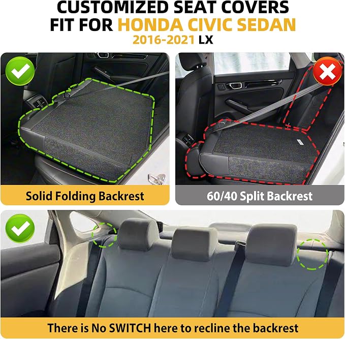 Lolcar Custom Fit Civic Seat Covers for Honda Civic Sedan 2016 2017 2018 2019 2020 2021 LX(Not for LX-P)- 5-Seats Leather Full Set，Black/Gray(Solid Rear Seatback - No Rear Armrest) - Image 2