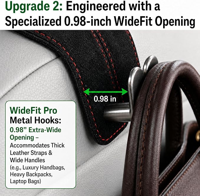 WideFit Car Headrest Hooks, 2 Pack for Wide-Strap Bags, Brown | 0.98 in opening fits thick purse straps. Premium leather and dual metal hooks hold up to 40 lb and rotate 360°. - Image 3