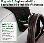 WideFit Car Headrest Hooks, 2 Pack for Wide-Strap Bags, Brown | 0.98 in opening fits thick purse straps. Premium leather and dual metal hooks hold up to 40 lb and rotate 360°. - Image 3