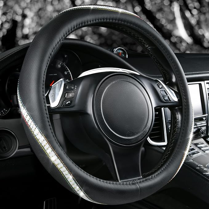 CAR PASS Bling Diamond Black Leather Steering Wheel Cover, Studded Crystal Rhinestones Universal Fit 14" 1/2-15" Glitter for Women Sparkle Girl Fit Suvs,Vans,Sedans,Car,Trucks, Multicolor Diamond by CARPASS