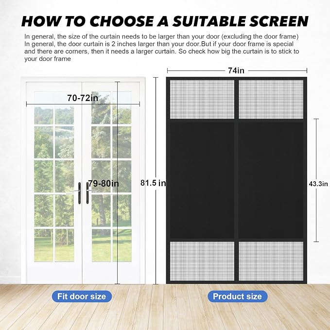 Magnetic Screen Door 72"x80" Blackout – Privacy Protection, Powerful Magnets, Heavy Duty Thicker 265g/㎡ Mesh, Easy Install, Self-Sealing, Pet Tested, Tie Backs, Screen Door Mesh - Image 2