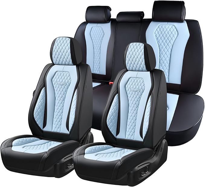 Coverado Auto Seat Covers, Car Seat Covers Full Set, Blue Car Seat Cover, Driver Seat Covers Front Seats Rear Seat Cover, Luxury Car Seat Cushion,Leather Seat Cover Seat Protector Fit for Most Cars by COVERADOAUTO