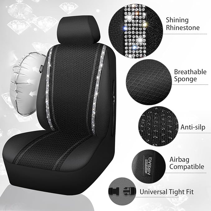 CAR PASS Memory Foam Mesh Bling Diamond Car Seat Cover 2 Front Seat Breathable Soft Sponge Universal Shining Glitter Sparkly Crystal Fit Armrest Automotive Truck SUV Cute Women Girl, Silver Rhinestone - Image 3