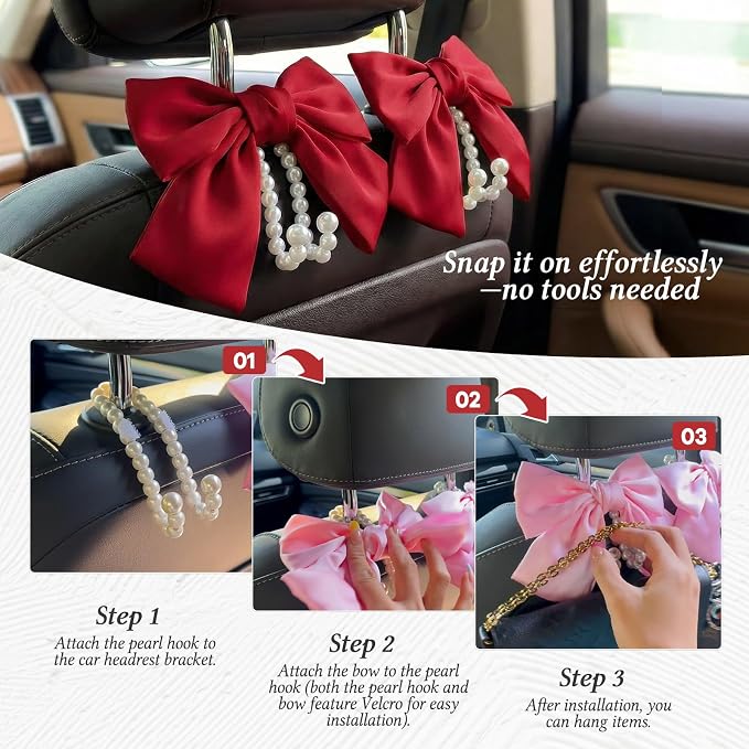 2PCS Satin Bow Pearl Car Seat Headrest Hooks – Car Bag Holder & Vehicle Hanger for Purses – Cute Coquette Aesthetic Interior Decoration – Cute Auto Organizer Accessories Universal (Red) - Image 6