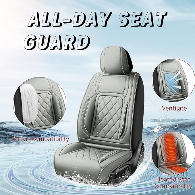 Fit Highlander Premium Leather Car Seat Covers for Toyota Highlander 2007-2025 2026 - Waterproof，Breathable，All-Weather Seat Cushion Protecto & Airbag Compatible, 2 Front Seat Gray - Image 2
