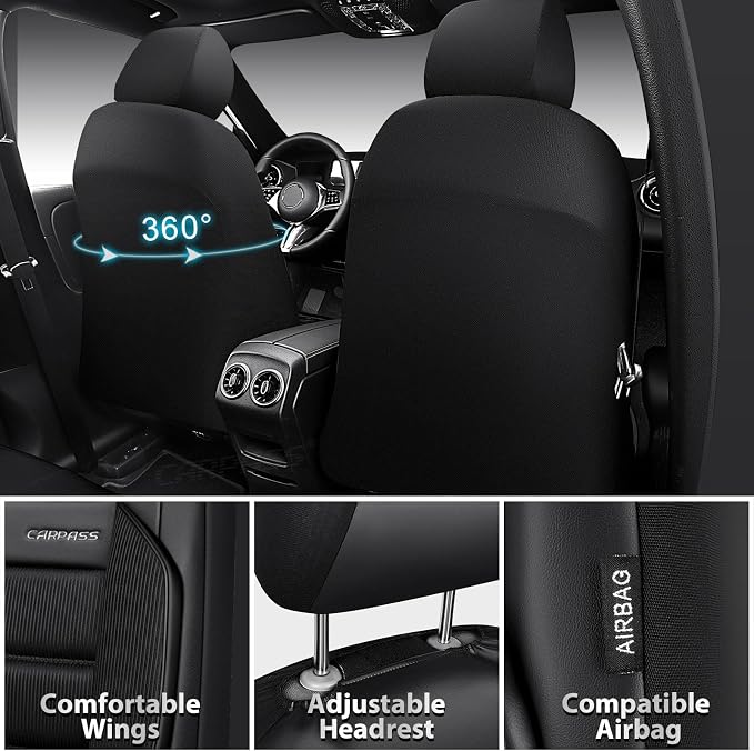 CAR PASS Memory Foam Seat Covers Full Sets, Airy Cool Mesh Thick Car Seat Covers, Leather Car Seat Covers 5 Seats Airbag Compatible, Universal Automotive Comfort for Most Cars, Trucks, SUV, Black - Image 2