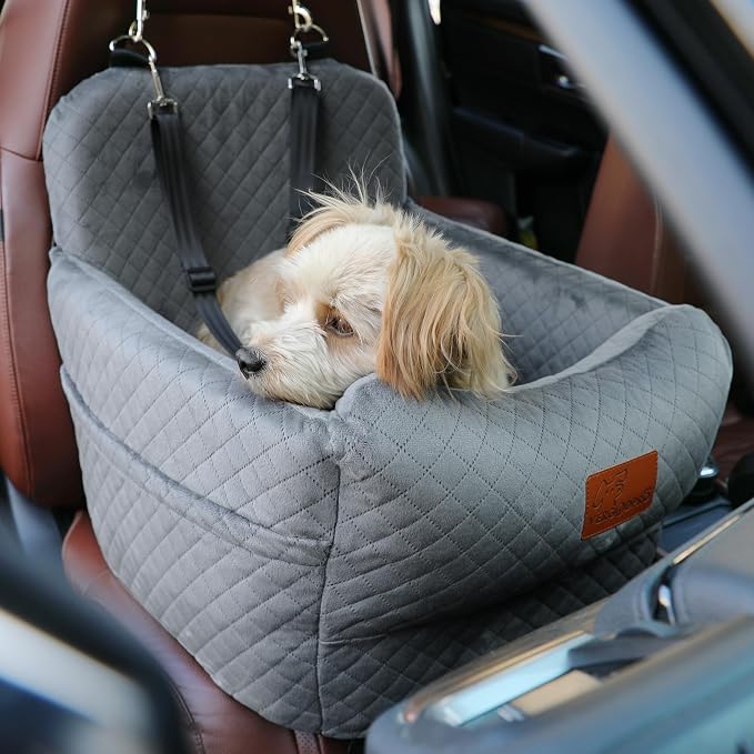 Dog Car Seat for Small Medium Dogs,Portable Pet Booster Seat with Safety Strap & Removable Washable Pad,Memory Foam Dog Travel Bed for Car,SOFE Velvet for Puppies Cats（M-Grey） - Image 7