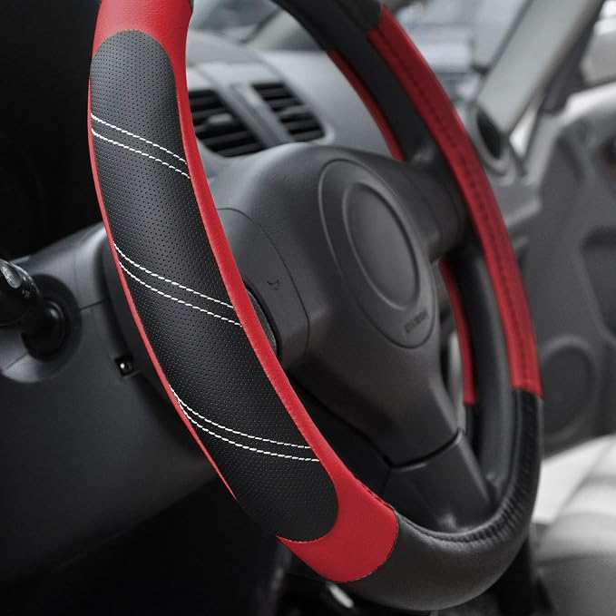 Elantrip Leather Steering Wheel Cover 15 1/2 to 16 inch Universal Large Grip Breathable for Car Truck SUV Jeep Anti Slip Black and Red - Image 2