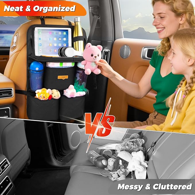 SURDOCA Backseat Car Organizer with Foldable Tray for Kids & Adults – NEW MODEL Seat Storage with Touchable Tablet Pocket, Roadtrip Essentials – Fits Most Vehicles - Image 4