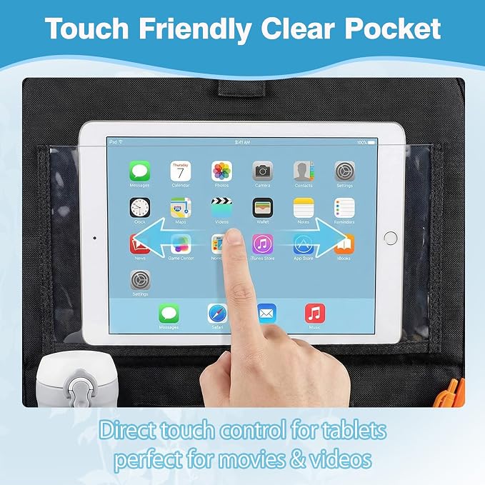 Car Backseat Organizer with Foldable Table Tray & Touchable Tablet Holder | Oxford Fabric,11 Large Capacity Storage Pockets.Kick Mat Protector for Family Road Trip Travel - Image 5