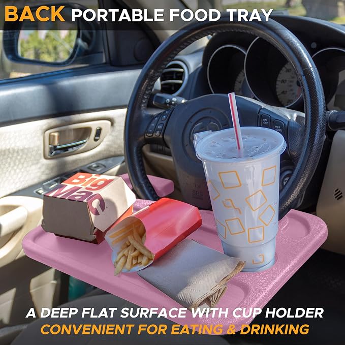 EcoNour 2 in 1 Car Steering Wheel Desk | Steering Wheel Tray for Laptop | Pink Food Table Tray for Eating with Drinks Holder | Car Accessories - Image 3