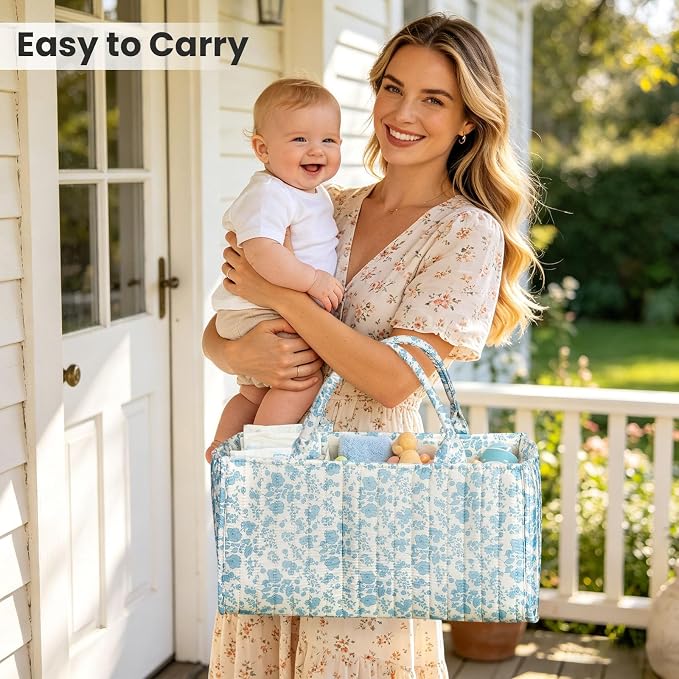 Diaper Caddy Organizer,Cute Floral Nursery Storage Basket,Soft Portable Changing Table Car Caddy Organizer Gift (Blue Floral B) - Image 2