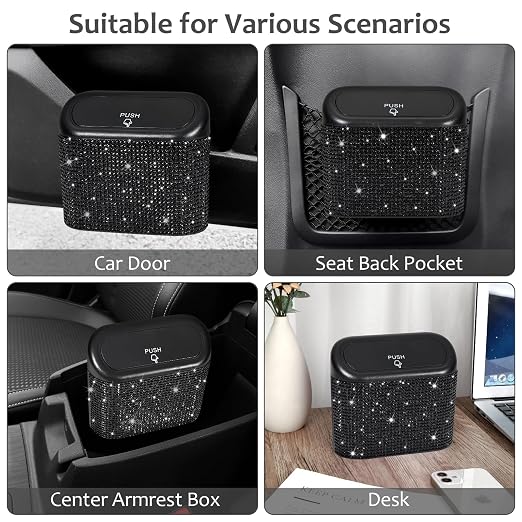 Accmor Bling Car Trash Can with Lid, Mini Auto Garbage Storage Bin with 60pcs Garbage Bags, Sparkling Crystal Trash Bags Holder Dustbin Vehicle Accessories Container Organizer (Black Rhinestone) - Image 7