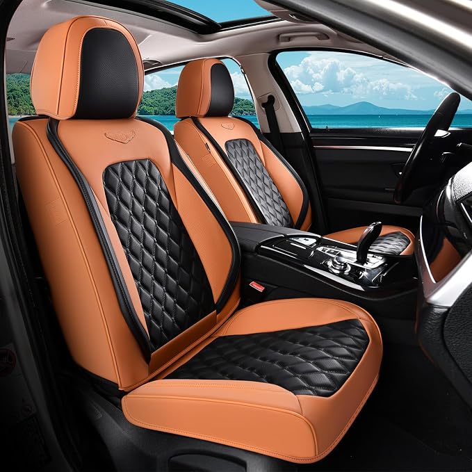 Coverado Universal Car Seat Covers Full Set, Vintage-Style Soft Waterproof Faux Leather Front & Rear Seat Protectors, Comfortable Anti-Stain Interior for Most Vehicles – BrownBlack by COVERADOAUTO