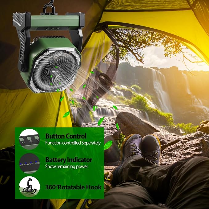 20000mAh Battery Powered Camping Fan, 58Hrs Rechargeable Portable Fan, 400LM Light, 360° Hook, Whisper Quiet Battery Operated Fan for Outdoor Car Travel Gear Essentials Power Outages Co-brand AMACOOL - Image 6