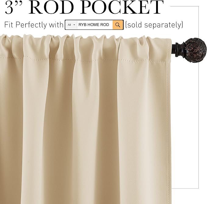 RYB HOME Half Curtain Tiers 36 inch Length, Rod Pocket | Short Blackout Curtains for Small Window,Thermal Insulated,Privacy ,Energy Efficient,W34 x L36,Biscotti Beige,2 Panels - Image 2
